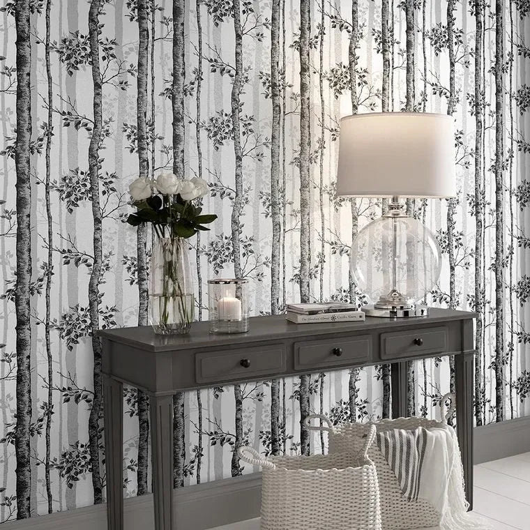 Wallpaper installed in a room showing its full pattern, color