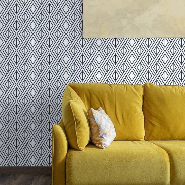 Wallpaper installed in a room showing its full pattern, color