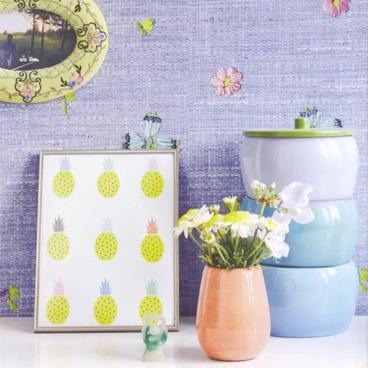 Wallpaper installed in a room showing its full pattern, color