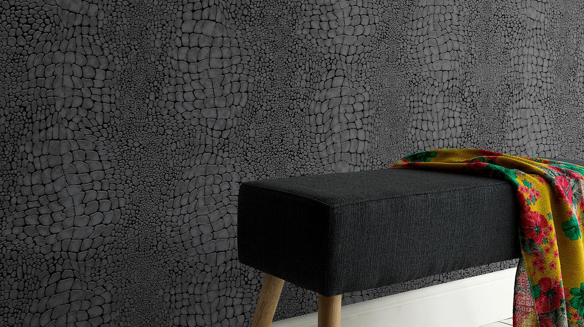Cameo 10529-15 installed on a wall, showing the dramatic charcoal pebble pattern in a modern room.