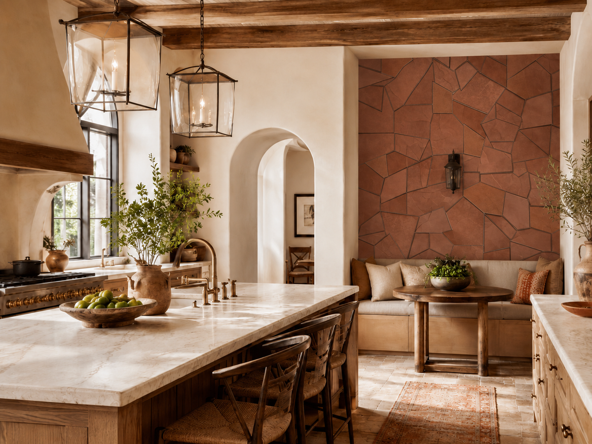 Erismann Elle Decoration 4 terracotta geometric wallpaper with textured panels and structured design in a beautiful traditional Tuscan villa