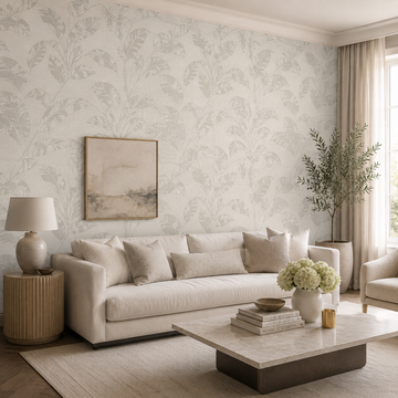 Erismann Opus 10459-02 light neutral botanical leaf wallpaper on a soft modern living room feature wall with cream sofa, marble coffee table, neutral pillows, greenery, and calm elegant styling.