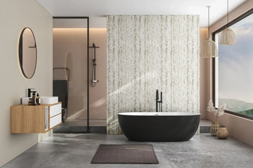Marburg Travertino 33351 Vertical striated stone-effect pattern resembling travertine, in beige with darker taupe specks on a wallpaper on a bathroom feature wall.