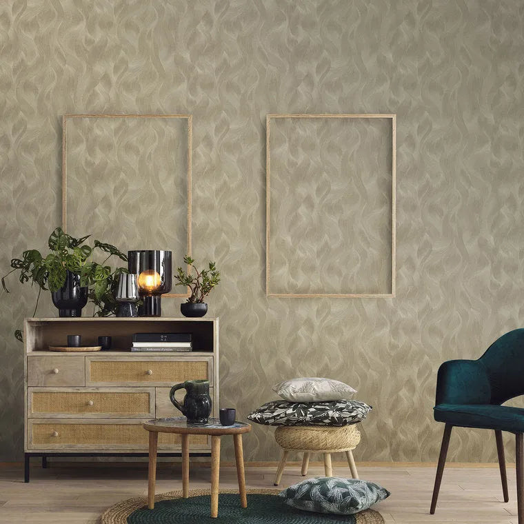 Wallpaper installed in a room showing its full pattern, color
