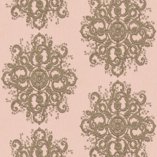 Closeup of a wallpaper showing its Contemporary, Damask, Floral, Two-tone pattern, color, and texture.