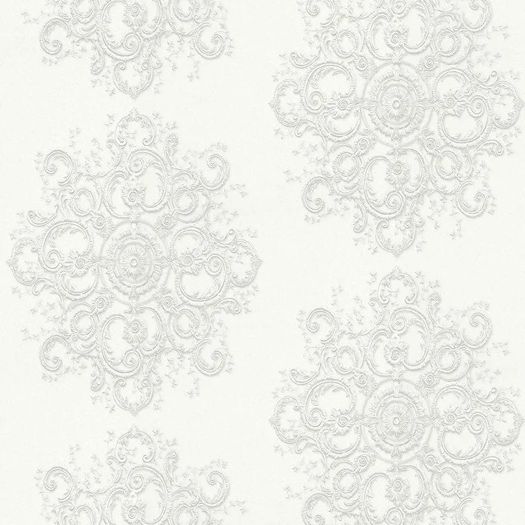 Closeup of a wallpaper showing its Contemporary, Damask, Floral, Monochrome, Two-tone pattern, color, and texture.