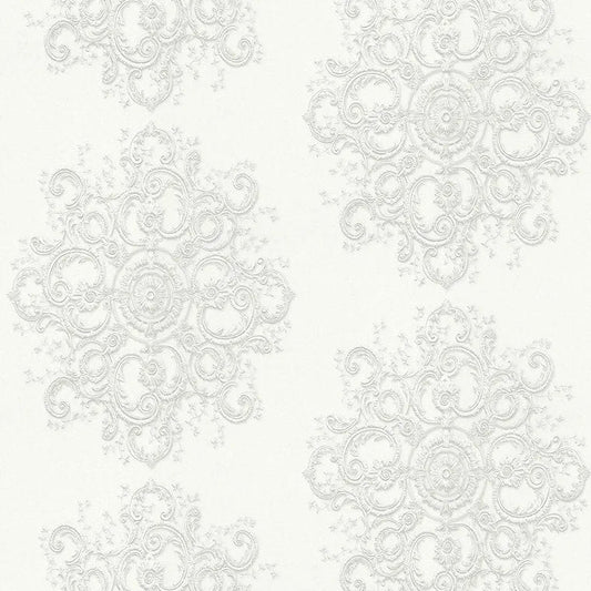 Closeup of a wallpaper showing its Contemporary, Damask, Floral, Monochrome, Two-tone pattern, color, and texture.