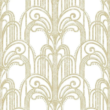 Closeup of a wallpaper showing its Art-Deco, Damask, Gold, Two-tone, White pattern, color, and subtle texture.