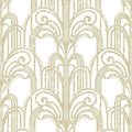 Closeup of a wallpaper showing its Art-Deco, Damask, Gold, Two-tone, White pattern, color, and subtle texture.