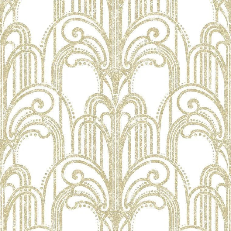Closeup of a wallpaper showing its Art-Deco, Damask, Gold, Two-tone, White pattern, color, and subtle texture.