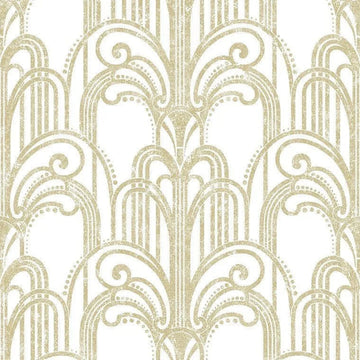 Closeup of a wallpaper showing its Art-Deco, Damask, Gold, Two-tone, White pattern, color, and subtle texture.