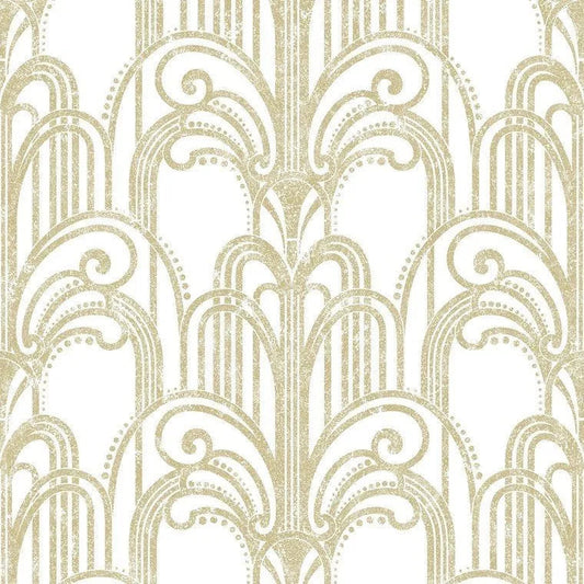 Closeup of a wallpaper showing its Art-Deco, Damask, Gold, Two-tone, White pattern, color, and subtle texture.