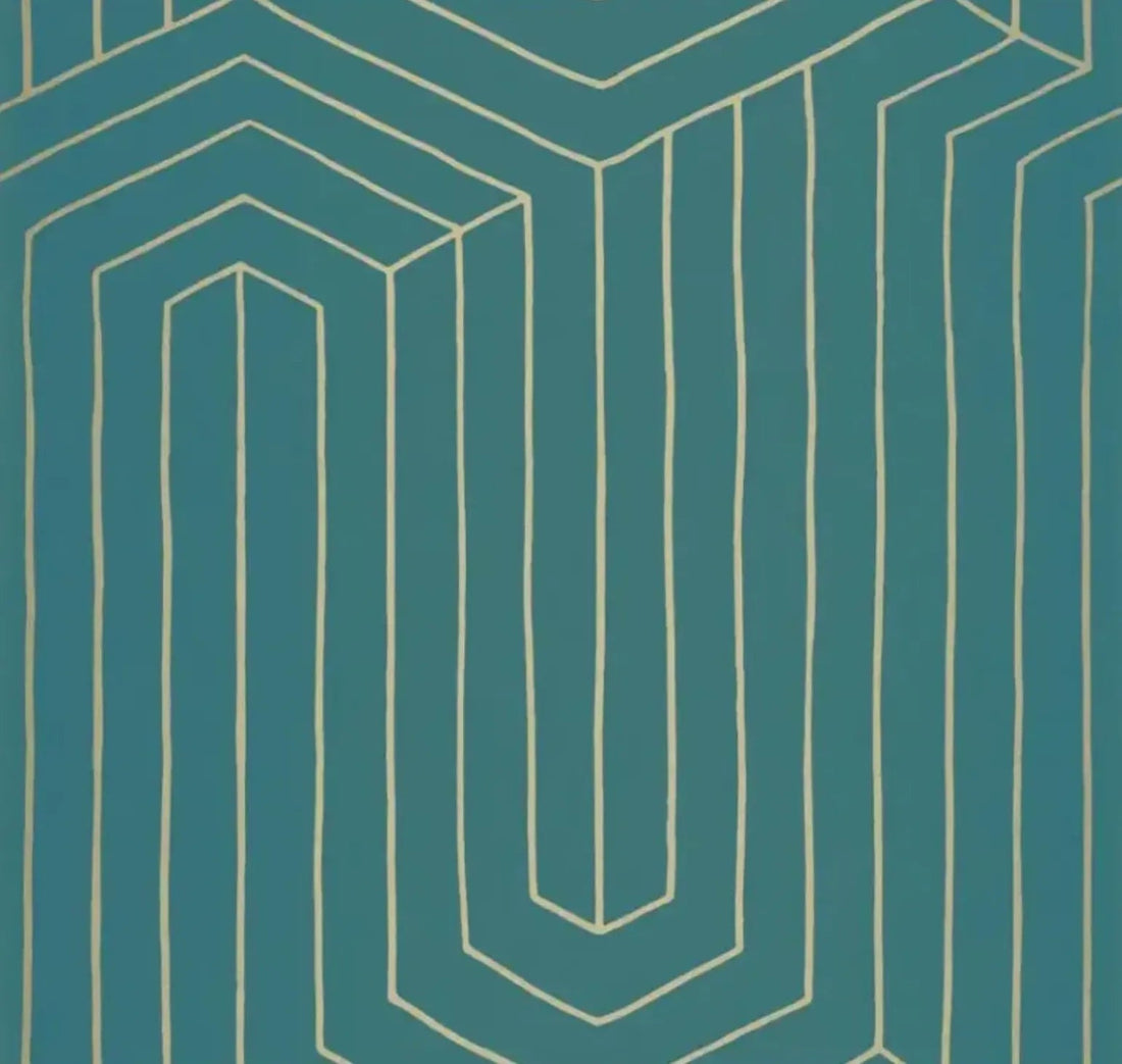 Closeup of a wallpaper showing its Art-Deco, Geometric pattern, color, and subtle texture.