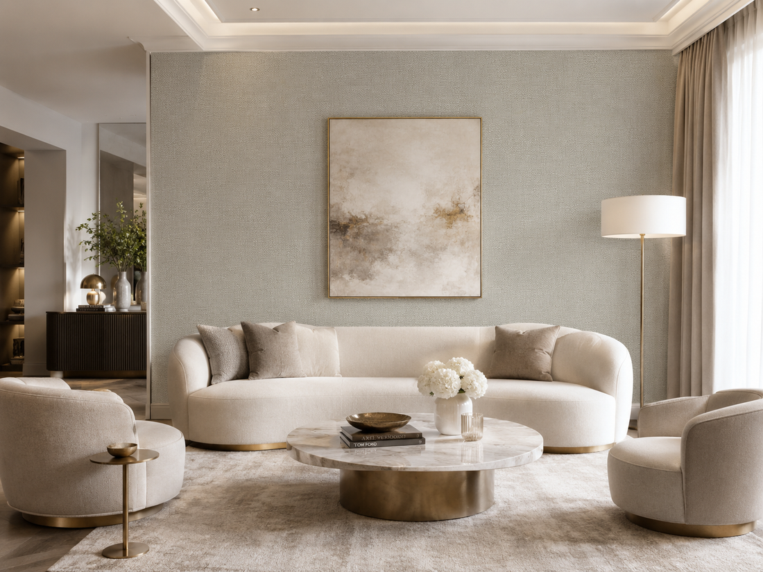 Erismann Opus 10463-37 light greige linen-look non-woven wallpaper sample.