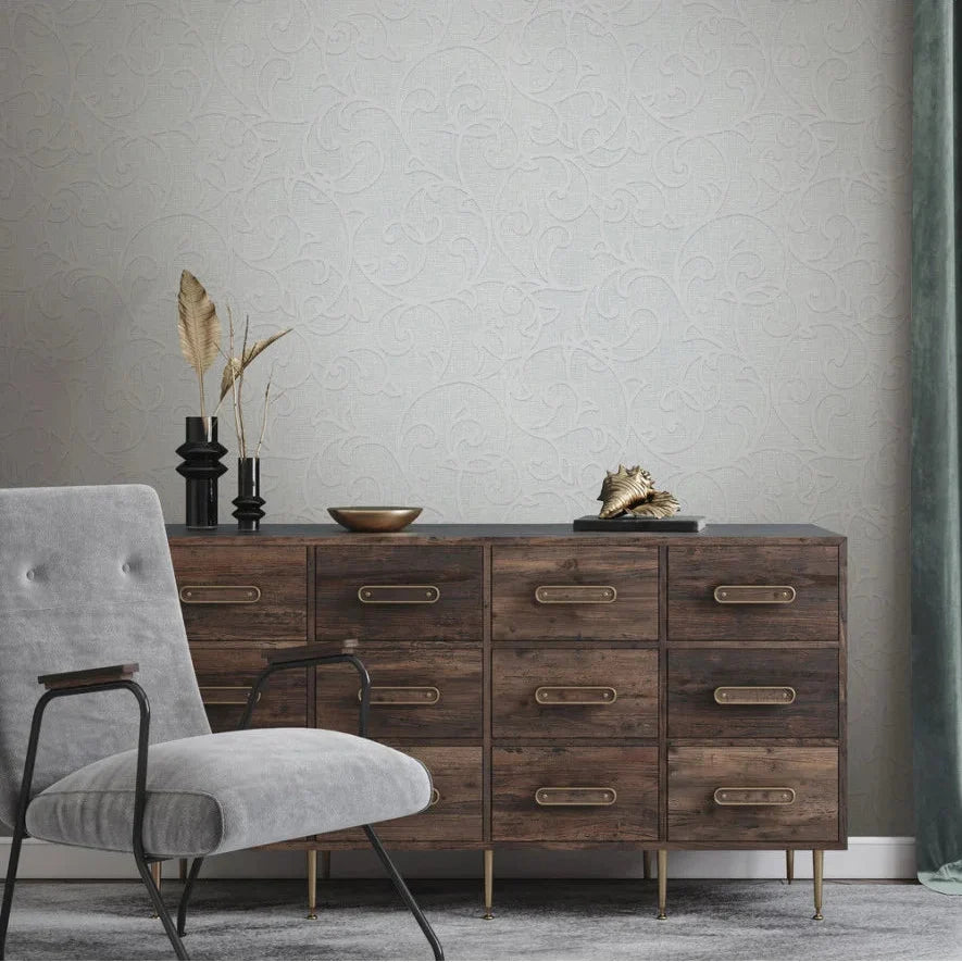 Erismann Opus 10467-10 light grey scrollwork wallpaper with linen-like texture