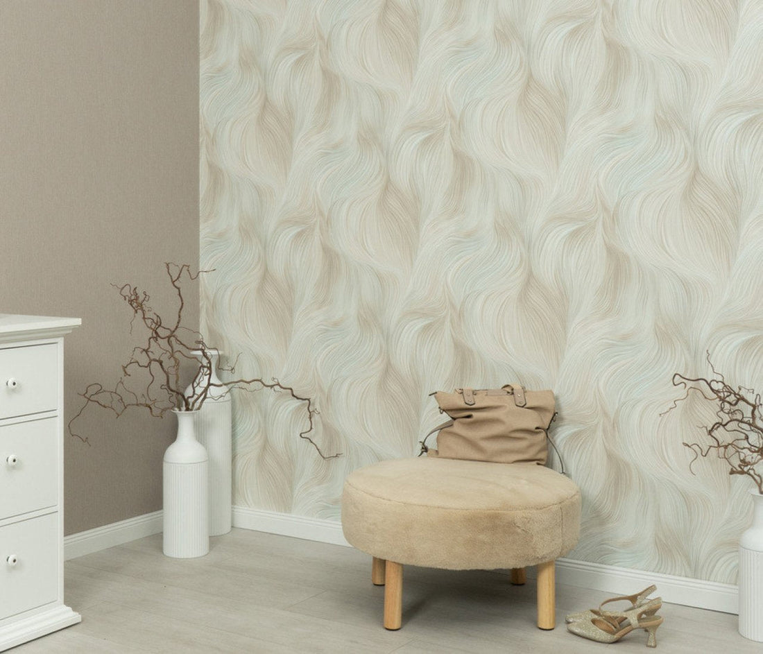 Erismann Fashion for Walls 5 abstract wave wallpaper with flowing lines in soft green, beige, and white tones creating a calm organic modern look.