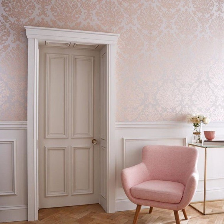 Wallpaper installed in a room showing its full pattern, color