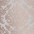 Closeup of a wallpaper showing its Damask, Taupe, Two-tone pattern, color, and subtle texture.