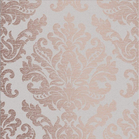 Closeup of a wallpaper showing its Damask, Taupe, Two-tone pattern, color, and subtle texture.