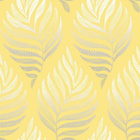 Closeup of a wallpaper showing its Contemporary, Floral, Nature, Silver, Sun-Kissed, Yellow pattern, color, and subtle texture.