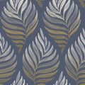 Closeup of a wallpaper showing its Blue, Contemporary, Floral, Gold, Nature pattern, color, and subtle texture.