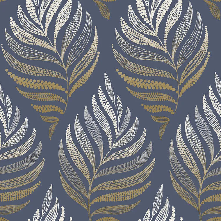 Closeup of a wallpaper showing its Blue, Contemporary, Floral, Gold, Nature pattern, color, and subtle texture.