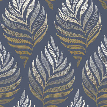 Closeup of a wallpaper showing its Blue, Contemporary, Floral, Gold, Nature pattern, color, and subtle texture.
