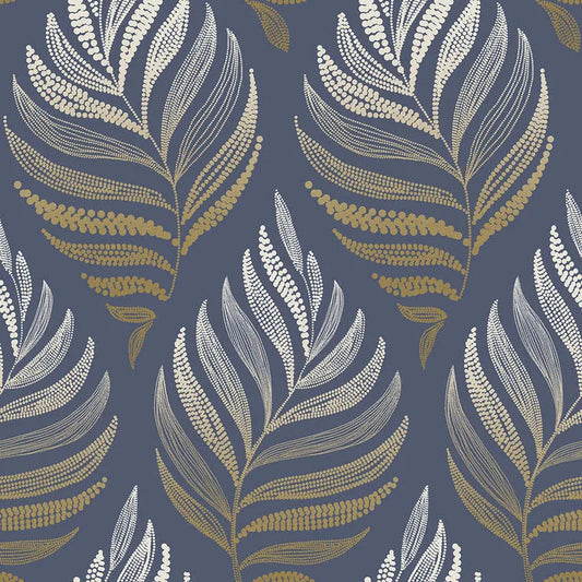 Closeup of a wallpaper showing its Blue, Contemporary, Floral, Gold, Nature pattern, color, and subtle texture.