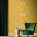Wallpaper installed in a room showing its full pattern, color