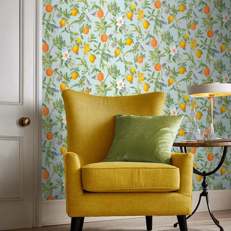 Wallpaper installed in a room showing its full pattern, color