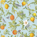 Closeup of a wallpaper showing its Birds, Blue, Floral, Mediterranean, Multicolour, Nature, Sun-Kissed, Yellow pattern, color, and subtle texture.