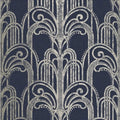 Closeup of a wallpaper showing its Art-Deco, Black, Damask, Two-tone pattern, color, and subtle texture.