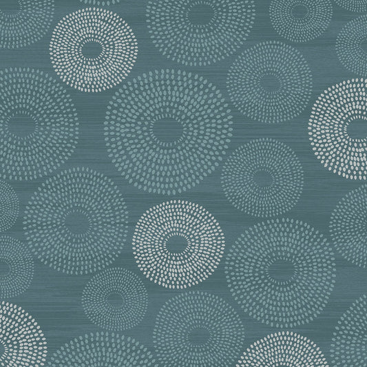 Closeup of a wallpaper showing its Blue, Circles, Contemporary pattern, color, and subtle texture.