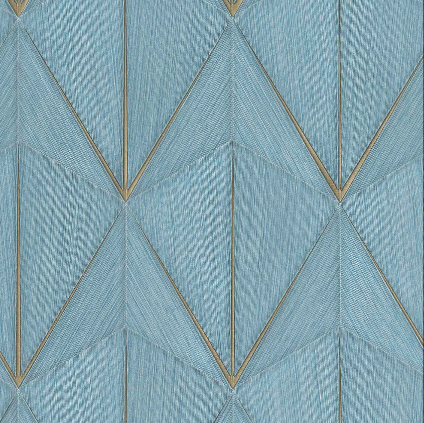 Blue geometric patterned wallpaper with gold accents