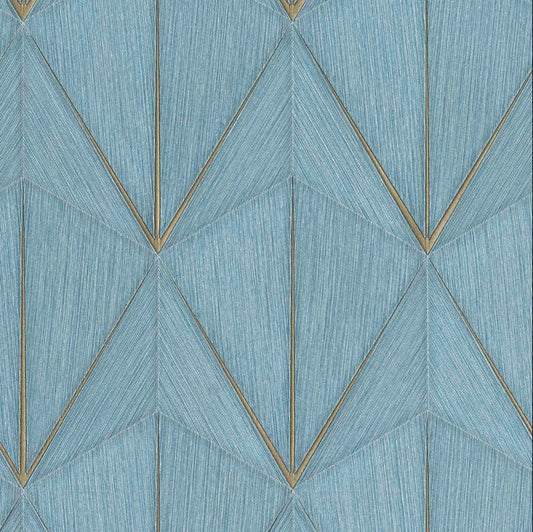 Blue geometric patterned wallpaper with gold accents