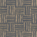 Textured patterned fabric with geometric design in blue and beige tones.