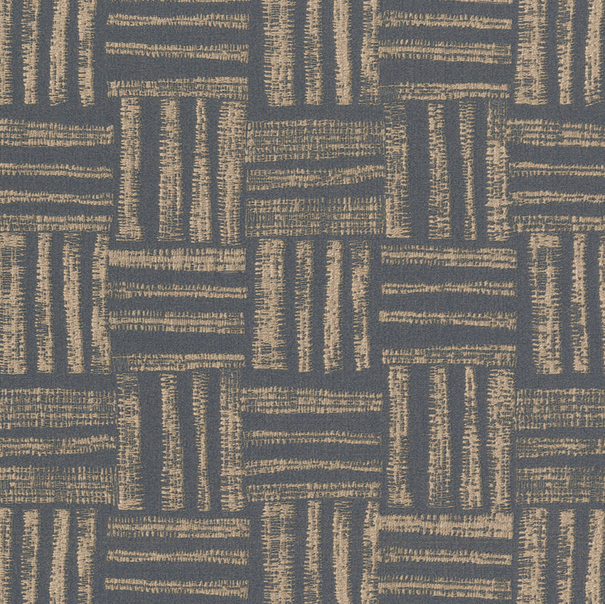 Textured patterned fabric with geometric design in blue and beige tones.