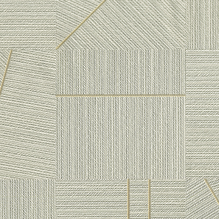 Geometric patterned wallpaper with a herringbone design in neutral tones.