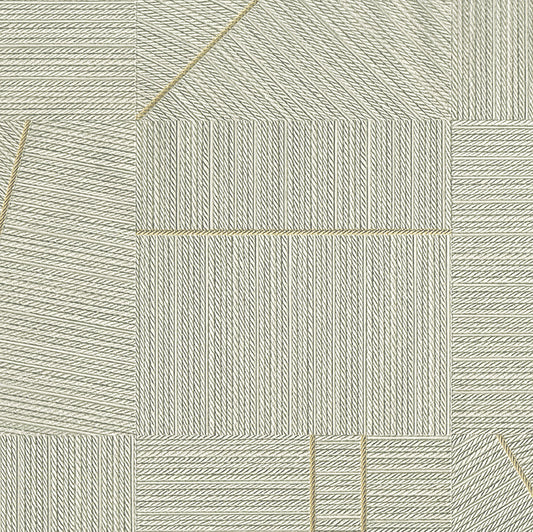 Geometric patterned wallpaper with a herringbone design in neutral tones.