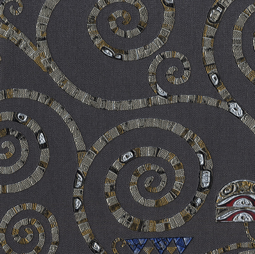 Decorative mosaic wallpaper with spiral pattern on a gray background