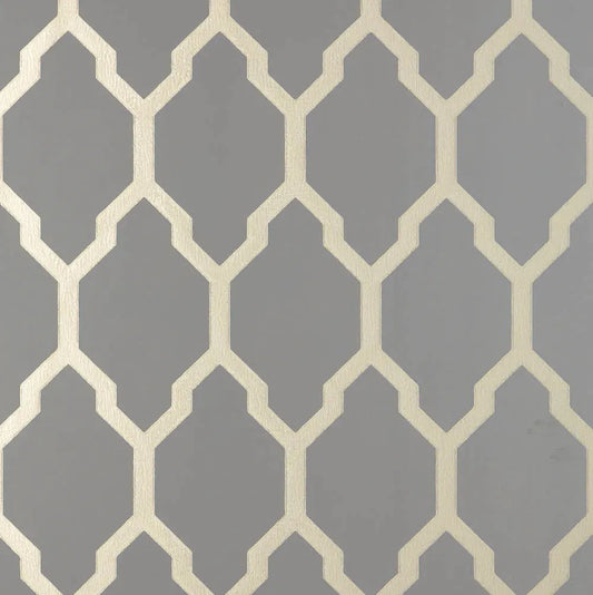 Closeup of a wallpaper showing its Contemporary, Geometric, Metallic, Trellis, Two-tone pattern, color, and subtle texture.