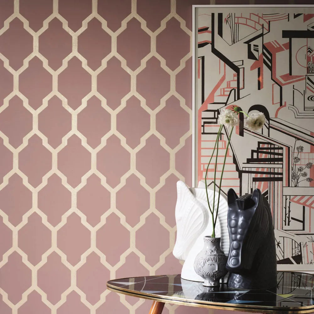 Wallpaper installed in a room showing its full pattern, color
