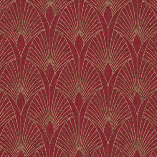 Closeup of a wallpaper showing its Art-Deco, Gold, Red, Two-tone pattern, color, and texture.