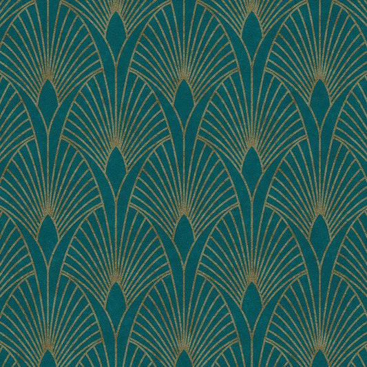 Closeup of a wallpaper showing its Art-Deco, Blue, Gold, Two-tone pattern, color, and texture.