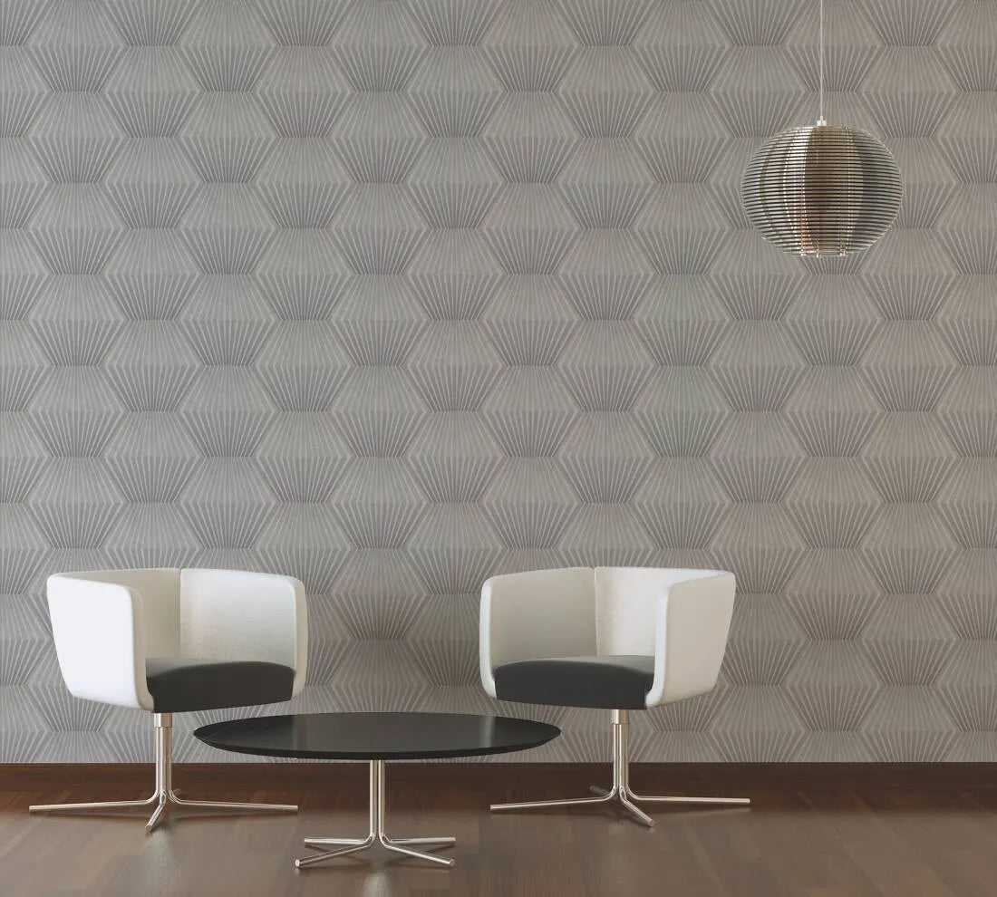 Wallpaper installed in a room showing its full pattern, color