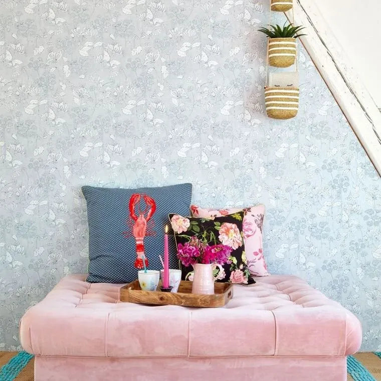 Wallpaper installed in a room showing its full pattern, color