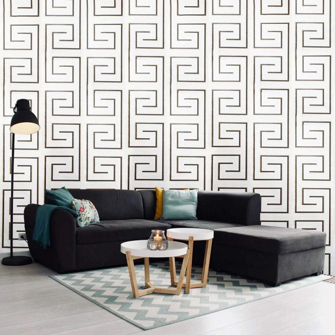 Decorative wallpaper with geometric patterns on a light background