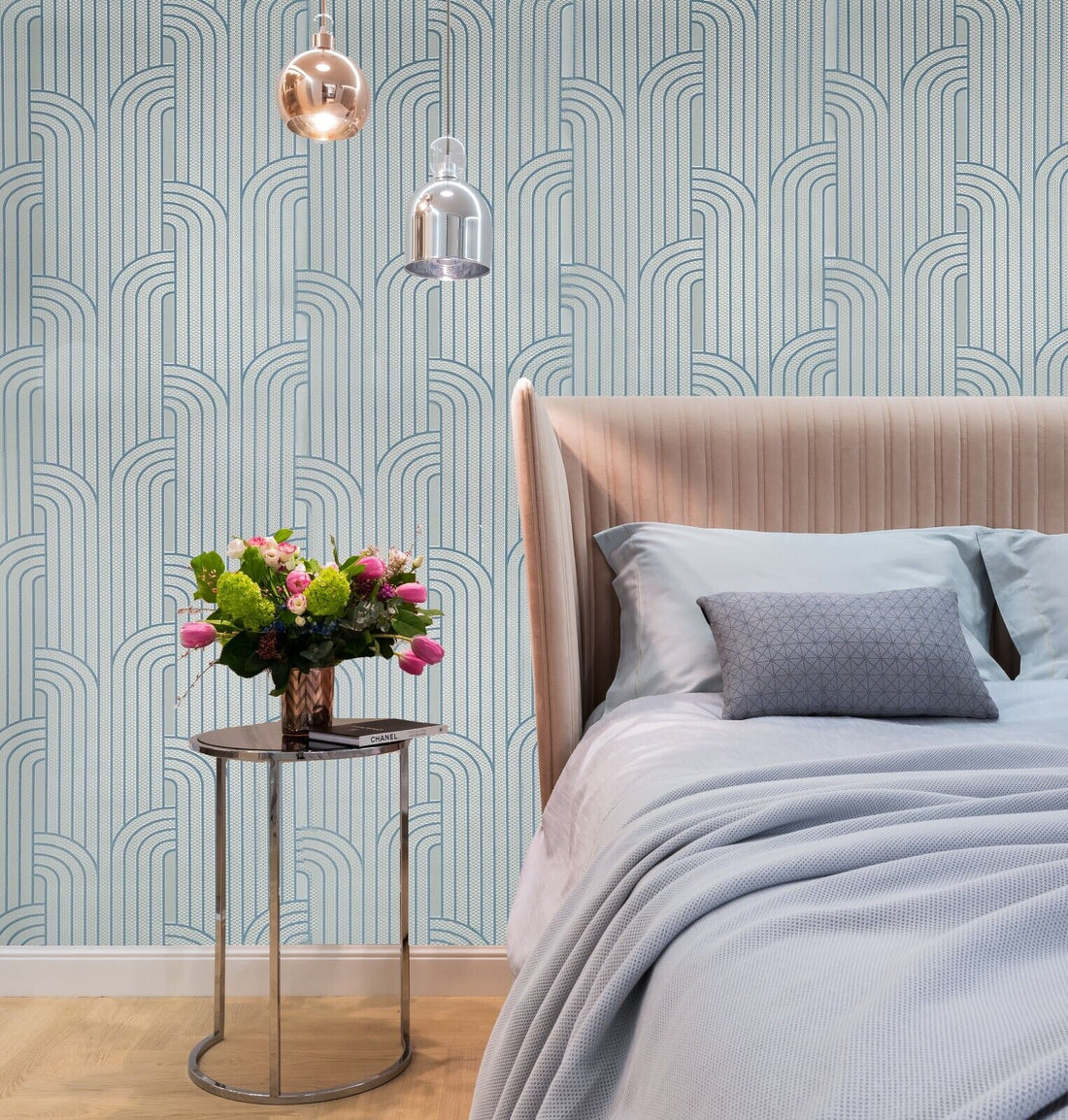 Patterned wallpaper with geometric design in blue and gray