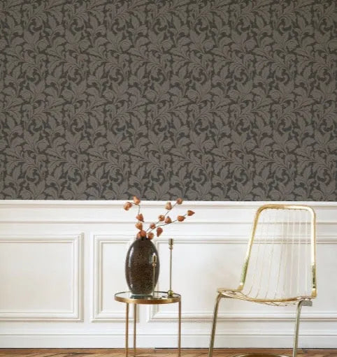 Wallpaper installed in a room showing its full pattern, color