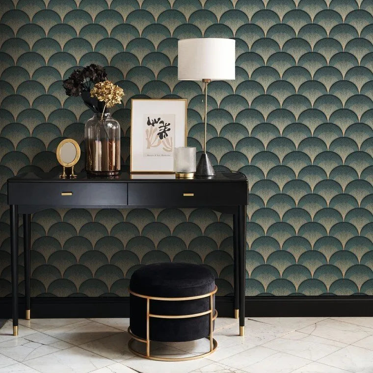 Closeup of a wallpaper showing its Art-Deco, Contemporary, Dramatic, Two-tone pattern, color, and subtle texture.